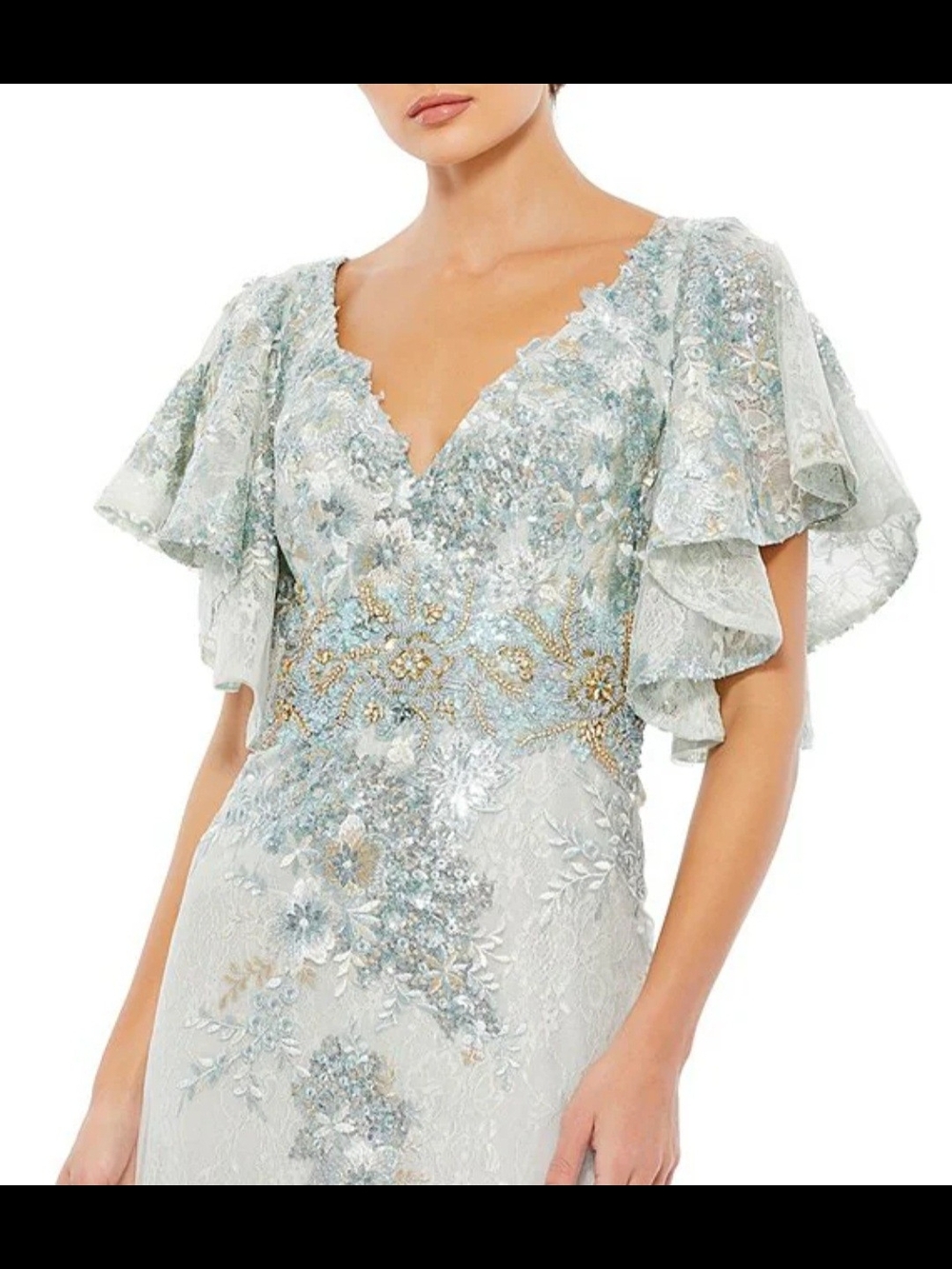 Mac-Duggal-V-Neck-flutter-sleeve-embroidered-lace-column gown - Picture 2 of 4